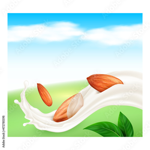 Almond nut milk drink poster. Alternative organic calcium breakfast. Motion object. almond cream wave. 3d realistic illustration
