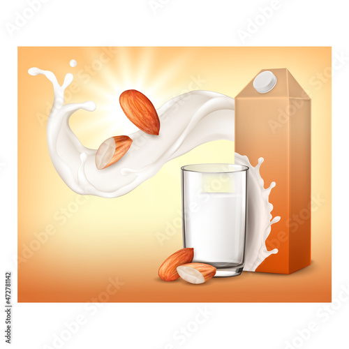 Almond milk drink glass poster. Nutrition cold flow. Smooth ingridient. Diet almond food. 3d realistic illustration