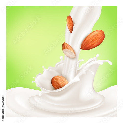 Almond milk dairy drink poster. Vegan nut. Advertising mockup. organic almond nutrition. 3d realistic illustration