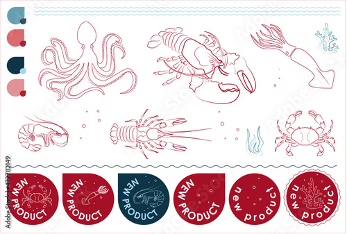 Set of vector images, icons, pictograms, molluscs. New Product. Flyer with graphic silhouettes, seaweed, wave, water. Octopus, lobster, crab, shrimp, squid, cancer.