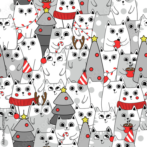 Christmas Seamless pattern background cute kittens in snow for winter. Doodle style