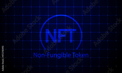 Concept banner NFT non fungible tokens on dark blue background with neon grid. Vector illustration.