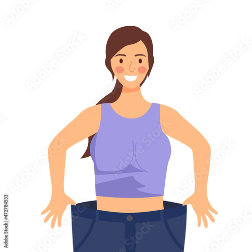 Young woman after weight loss trying her old jeans in flat design on white background. Good slim shape healthy lady after dieting and exercising.