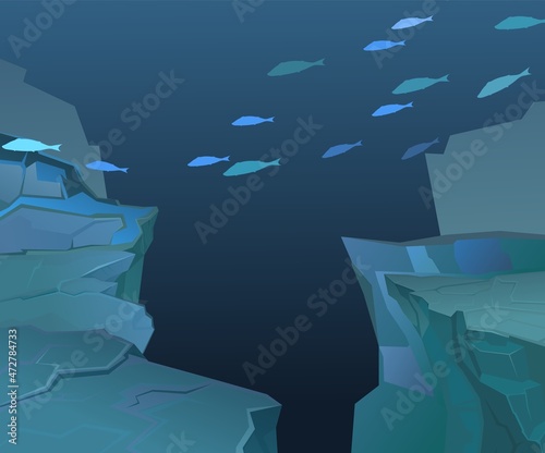 Deep sea landscape with rocky cliffs. Ocean floor. Underwater wild life of fish. Natural landscape. Illustration in cartoon style flat design. Vector