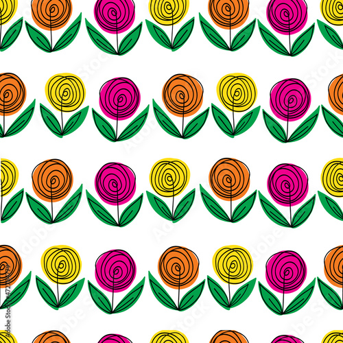 Doodle flowers seamless vector pattern. Modern line art background decorative flowers. Vector sketch illustration isolated on white background. Simple cute art for fabric, wallpaper, wrapping, spring.