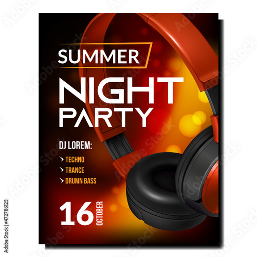 Night club disco poster vector. Abstract modern techno music. Trance night summer glow. Bright pamphlet. 3d realistic illustration