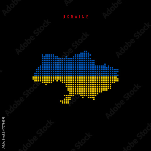 Square dots pattern map of Ukraine. Ukrainian dotted pixel map with national flag colors isolated on black background. Vector illustration.