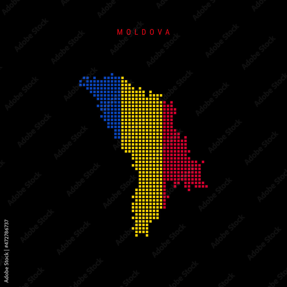 Square dots pattern map of Moldova. Moldavian dotted pixel map with national flag colors isolated on black background. Vector illustration.