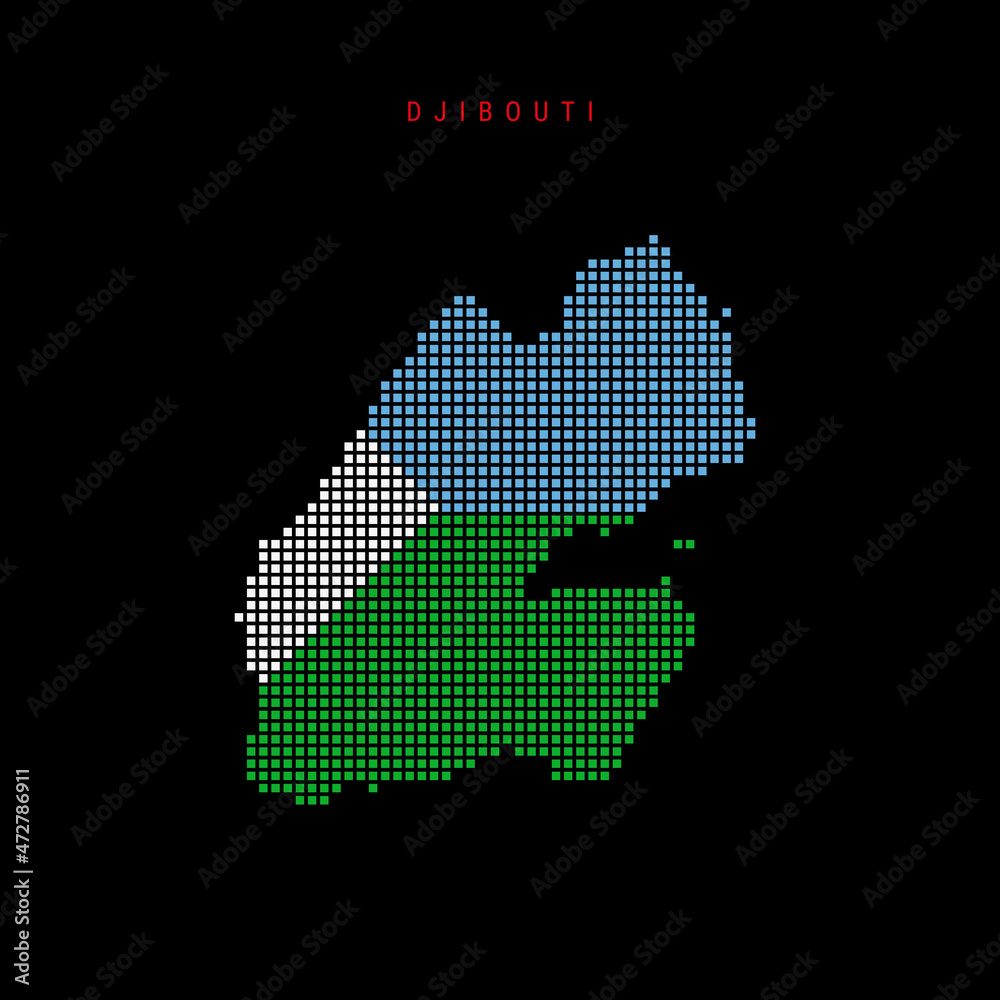 Obraz premium Square dots pattern map of Djibouti. Djiboutian dotted pixel map with national flag colors isolated on black background. Vector illustration.