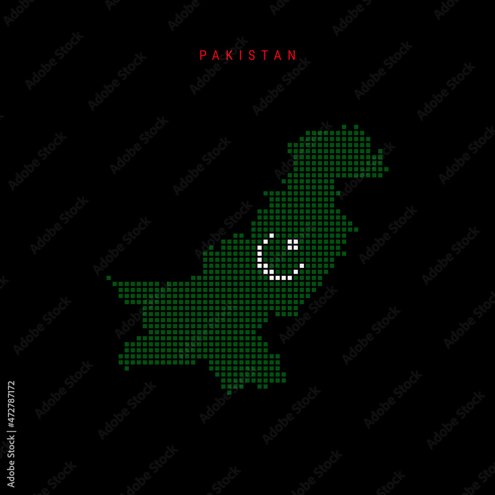 Square dots pattern map of Pakistan. Pakistani dotted pixel map with national flag colors isolated on black background. Vector illustration.