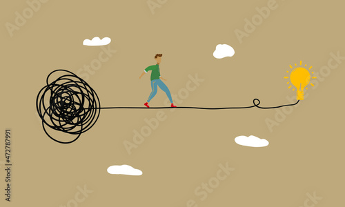 smart businessman walking away from mess chaos line to simple lightbulb idea.