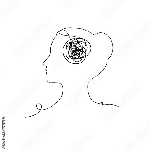Continuous one line drawing of woman head with messy thoughts worried about bad mental health. Problems; stress; headache and grief concept in doodle style. Linear Vector illustration