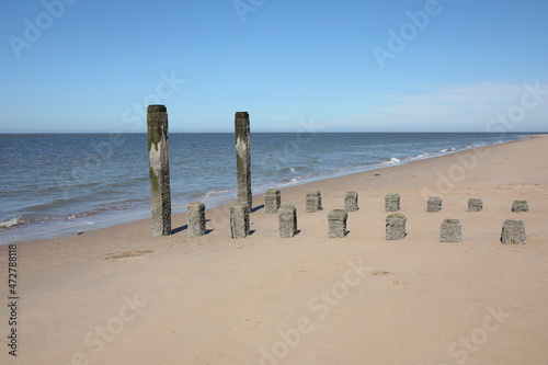 Wooden breakwaters at the coast in Zeeland  the Netherlands 