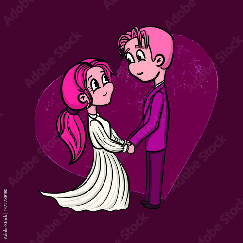 Vector bride and groom on the purple background. Couple in love. Valentine's day card