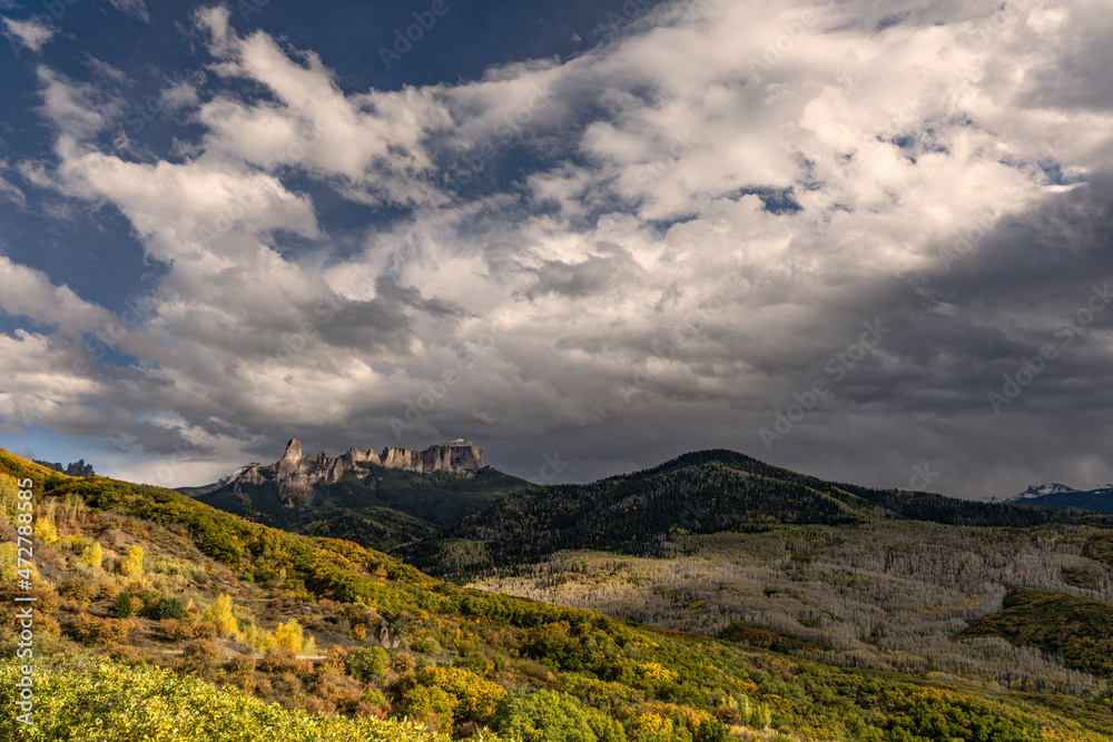 Chimney Rock and Courthouse Mountain, Cimarron Range, near Ridgeway, Colorado