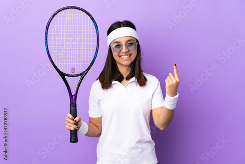 Young woman tennis player over isolated background doing coming gesture