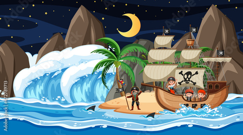 Island with Pirate ship at night scene in cartoon style