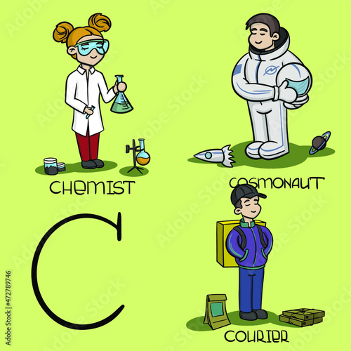 set of The professions of the letter c - chemist, cosmonaut, courier. Vector Little cute characters with atributes photo