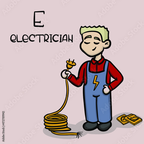 Profession on the letter E - electrician. Painted worker in blue overalls