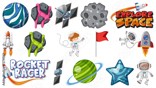 Set of isolated fantasy space game objects and elements