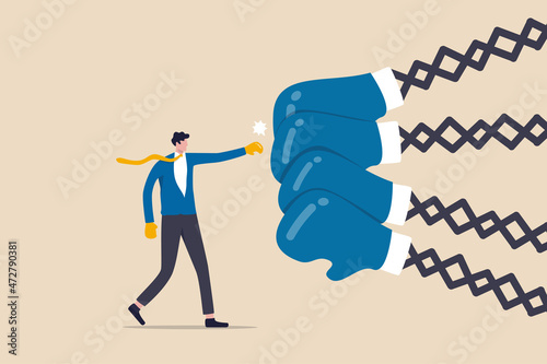 Business challenge to deal with many competitors, difficulties and problems, strength or power to overcome conflict concept, confidence businessman with boxing glove fights with many opponents.
