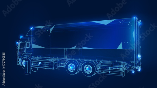 Polygonal 3d truck on dark blue background. Online cargo delivery service, logistics or tracking app concept. Abstract vector illustration of online freight delivery service