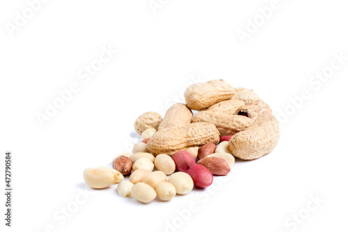 Peeled peanuts and peanut pod isolated on white background