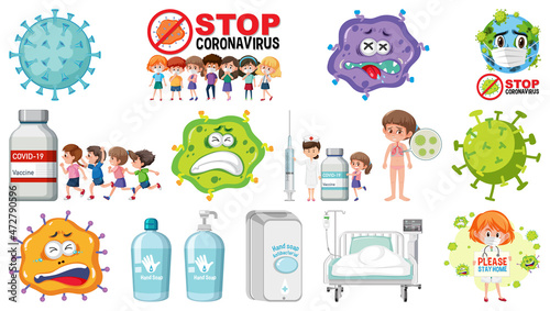 Cartoon character and Coronavirus vaccination isolated objects
