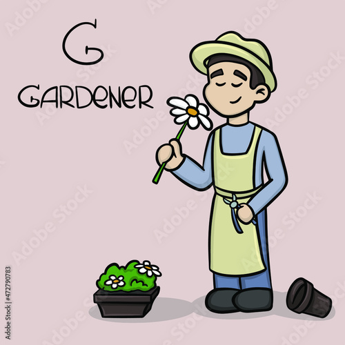 The profession of the letter g - gardener. Vector Little cute character man in hat with flower and plants