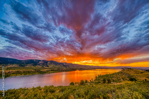 USA, Colorado, Fort Collins. Sunset over Horsetooth Reservoir. photo