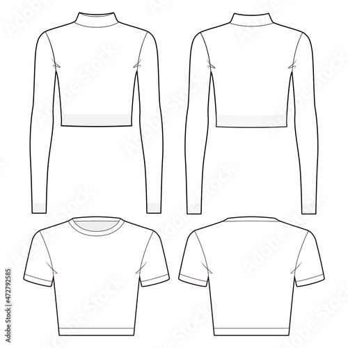 Cropped turtleneck & round neckline top fashion vector sketch, Apparel template