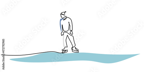 Continuous one single line of man playing ice skating on winter sport isolated on white background.