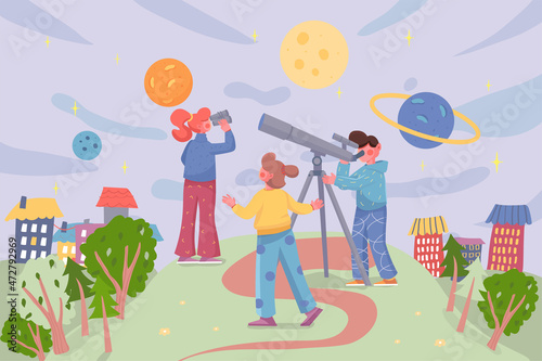 Kids playing astronauts at cityscape background. Boy and girls exploring space, looking through telescope or binoculars at sky with planets and stars scene. Vector illustration in flat cartoon design