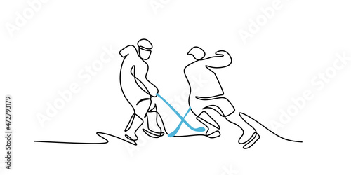 Continuous one single line of teenagers playing hokey isolated on white background.