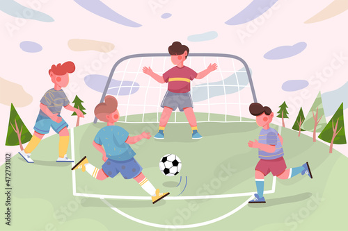 Children playing football on field abstract background. Goalkeeper protects gate, boys running and kicking ball, exercising to soccer match. Nature scenery. Vector illustration in flat cartoon design