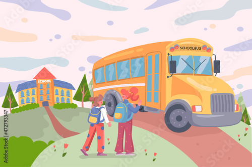 Children back to school concept in cityscape background. Girls with backpacks go to yellow school bus together. Nature scenery with path, trees, building. Vector illustration in flat cartoon design
