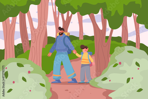 Summer camping and family activity at nature background. Father and son with backpacks hiking in forest outdoors. Scenery with green trees and bushes. Vector illustration in flat cartoon design