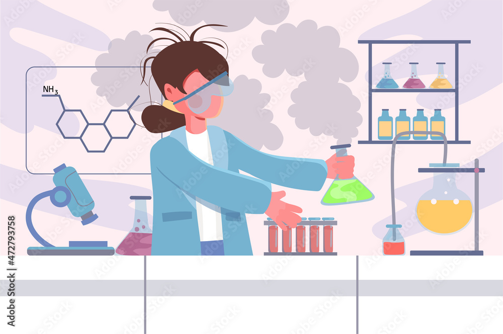 Laboratory research on lab equipment background. Young girl makes dangerous  chemical experiment with explosion and smoke. Interior with tubes and  flasks. Vector illustration in flat cartoon design Stock Vector | Adobe  Stock