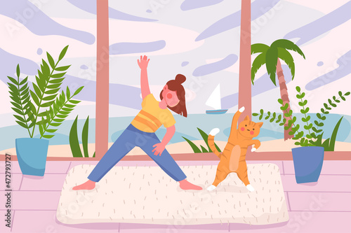 Yoga trainings at home room or gym studio background. Little girl practicing yoga asanas with cute pet cat. Interior with plants and huge window sea view. Vector illustration in flat cartoon design