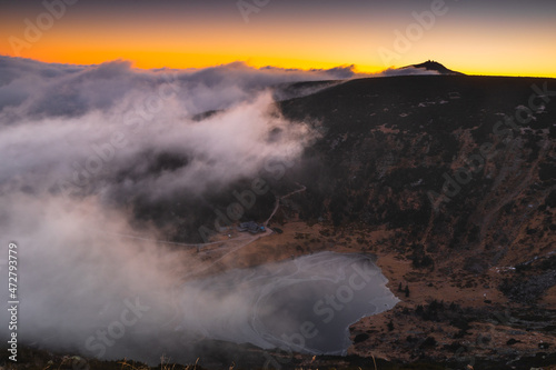 Autumn views from the Karkonosze Mountains, shrouded in mysterious mists.