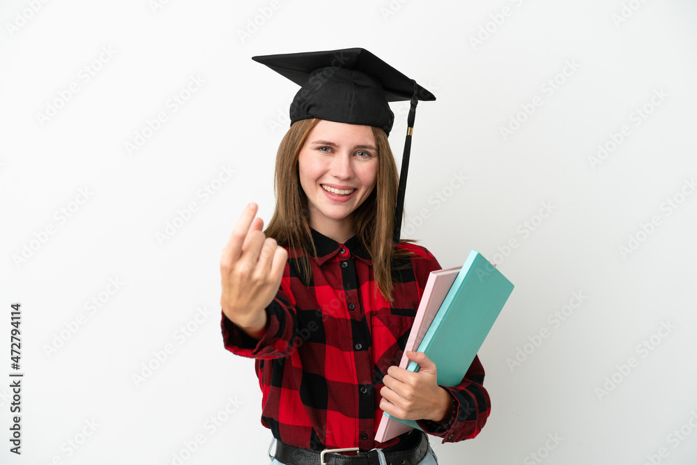 Young English student woman isolated on white background doing coming gesture Young English student woman isolated on white background doing coming gesture