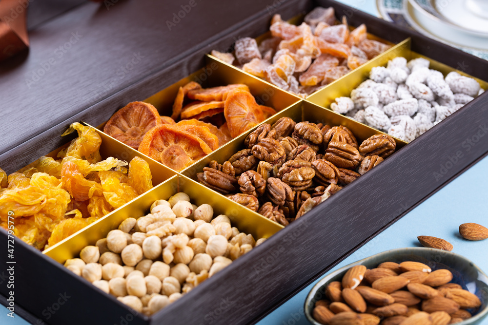 Assortment of dried fruits in gift box for Novruz holiday in Azerbaijan. Eastern spring equinox celebration nowruz
