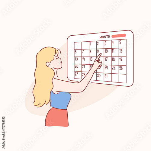 Examination, pregnancy, checkup concept. Side view of young worried woman girl cartoon character checking looking at calendar for pregnant terms or menstruation periods. Hand drawn vector illustration