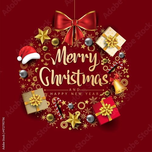 Fototapeta Naklejka Na Ścianę i Meble -  merry Christmas greetings. round pattern with golden ribbon. vector illustration design