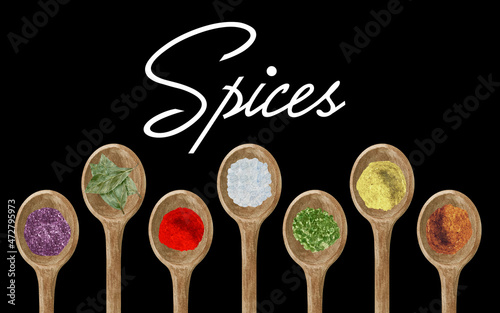 Watercolor dry kitchen spices in wooden spoon: pepper, chili, curcuma, ginger, cardamom, nutmeg on black background