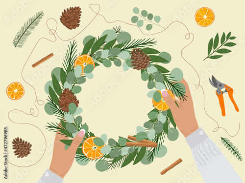 Brown female hands hold and make Christmas wreath with eco-friendly materials. Fir, pine cone, cinnamon, dry orange, secateurs. Eco Christmas concept. Hand drawn vector illustration