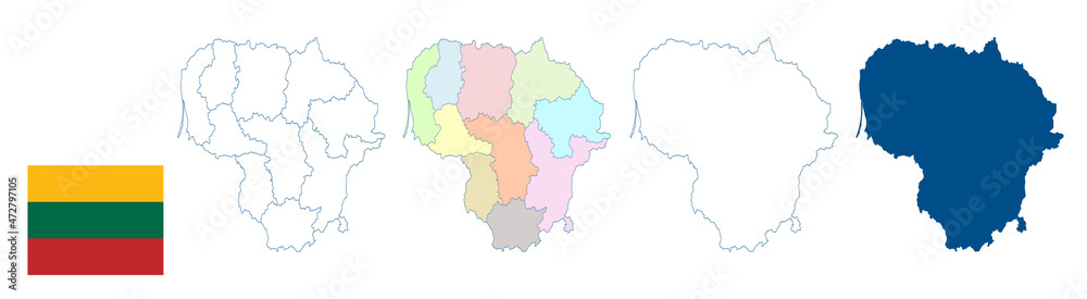 Lithuania map. Detailed blue outline and silhouette. Administrative divisions and counties. Country flag. Set of vector maps. All isolated on white background. Template for design and infographics.
