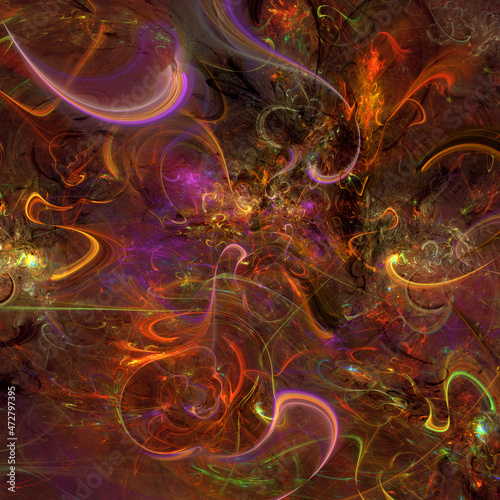 Abstract orange and pink chaotic swirling fractal art background.