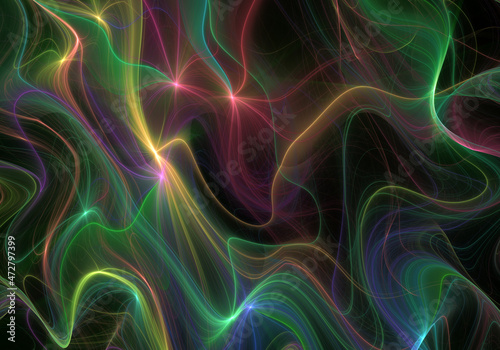 Abstract fractal art background of wavy glowing colorful lines.