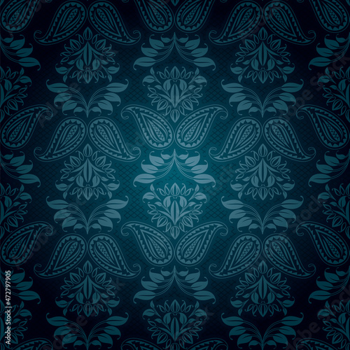 Ornamental lace blue background, flowers pattern